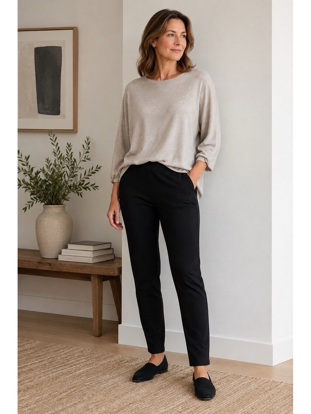 Eileen Fisher Petite Stretch Pull On Knit Ankle Pants Black Size PL